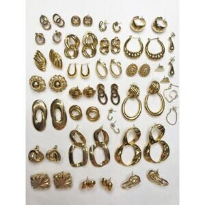 Vintage 28 Pair Gold Tone Earring Lot Bundle Mixed Clip Post Pierced Estate